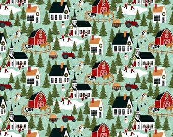 May include: A seamless pattern featuring a winter wonderland scene with red barns, white churches, green trees, and red tractors. The pattern is set against a light blue background.