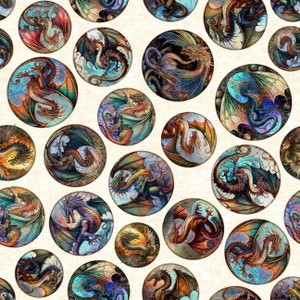 May include: A seamless pattern featuring colorful, detailed illustrations of dragons with wings spread wide. Each dragon is depicted within a circular frame, creating a whimsical and magical design.