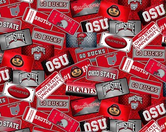 Sykel Enterprises~College Cottons~NCAA Ohio State Buckeyes~License Plate Cotton~Scarlet~Cotton Fabric by the Yard OHS-1210