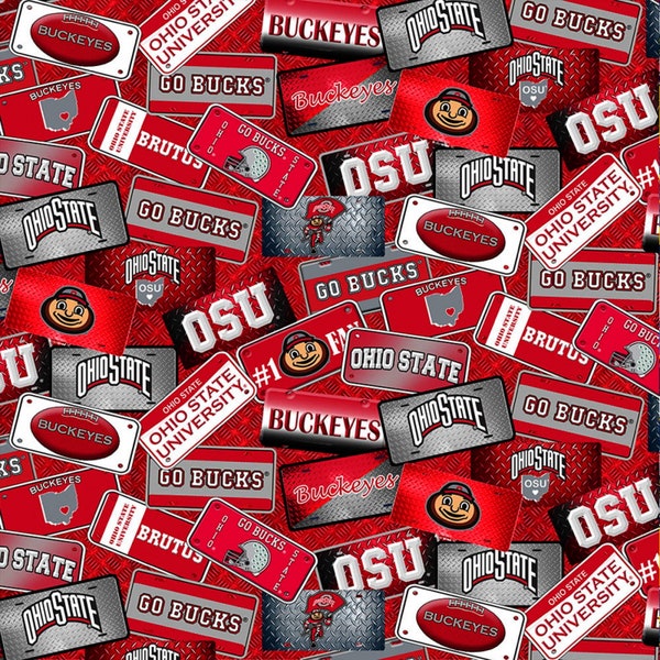 EOB~Sykel Enterprises~College Cottons~NCAA Ohio State Buckeyes~License Plate Cotton~Scarlet~Cotton Fabric by the Yard OHS-1210