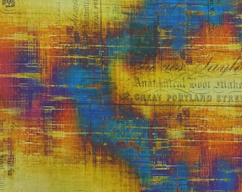 May include: Abstract background with a vintage, distressed look. The background is a mix of yellow, orange, blue, and purple. The text "Anatomical Door Maker, 02, GREAT PORTLAND STREET" is visible in the lower right corner.