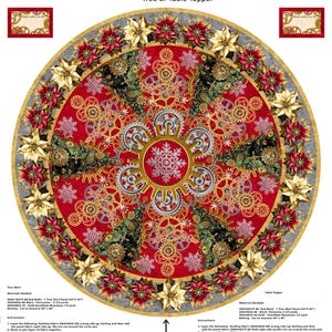 May include: A circular Gears & Garland Tree Skirt or Table Topper fabric panel by Urban Essence. The design features a red center with gold and silver mechanical gears, snowflakes, and green pine trees, bordered by red and gold poinsettia flowers.