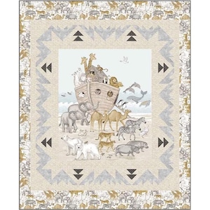 May include: A square quilt featuring a central illustration of Noah's Ark with various animals. The border includes a repeating pattern of animals and geometric shapes in neutral tones. The quilt's design is suitable for a nursery or children's room.