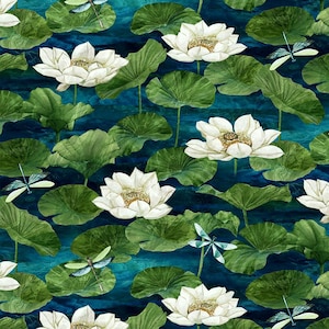 EOB~Northcott~Tranquil Waters~Water Lilies~Digital~Dark Blue/Multi~Cotton Fabric by the Yard or Select Length DP27208-48