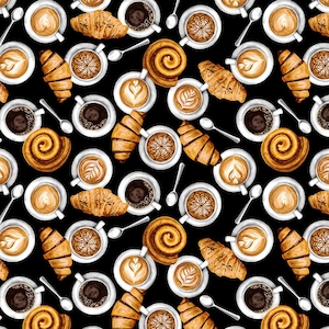 May include: A seamless pattern featuring watercolour illustrations of coffee cups, croissants and pastries on a black background. The cups are filled with various coffee drinks, including lattes, cappuccinos and espressos. The croissants are golden brown and flaky, and the pastries are a variety of shapes and sizes.