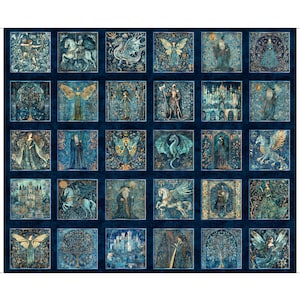 May include: A fabric panel featuring a grid of thirty square illustrations in shades of deep blue, teal, and gold. The images depict fantasy figures including wizards, dragons, winged creatures, knights, castles, and trees in a detailed art style.