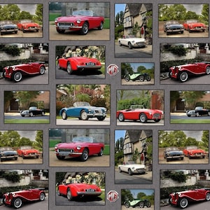 May include: A repeating pattern of classic MG sports cars in various colors, including red, blue, and white, set against a backdrop of a quaint building and lush greenery. The cars are shown in different poses, showcasing their design.
