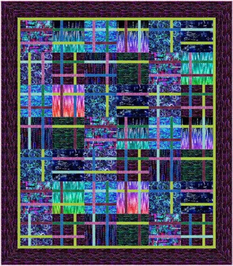 K&ouml;nnte beinhalten: Ein farbenfroher Quilt mit einem geometrischen Muster aus Quadraten und Rechtecken in Blaut&ouml;nen, Gr&uuml;n, Lila und Rosa. Der Quilt besteht aus verschiedenen Stoffen mit unterschiedlichen Texturen und Mustern.