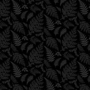 Könnte beinhalten: Ein nahtloses Muster mit schwarzem Hintergrund und einem sich wiederholenden Design aus grauen Farnblättern.