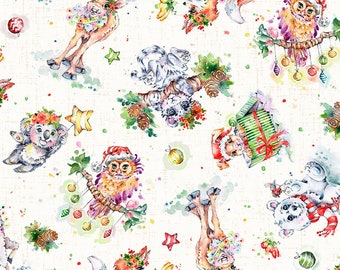 Tela de algodón blanca con estampado de personajes navideños Little Darlings de P&B Textiles, cortada a medida o con longitud seleccionada LDCH5377-W