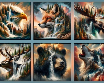 Blank Quilting Wilderness Song Wildlife Blocks 24" Light Blue Cotton Fabric by the Panel or Select Length 4168-70