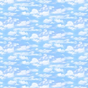 May include: A seamless pattern of white fluffy clouds against a bright blue sky.