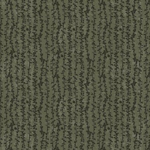 May include: Olive green wallpaper with a repeating pattern of dark gray vines and leaves. The design has a textured, slightly distressed appearance, creating a natural, organic aesthetic. The vertical lines of the vines provide a sense of height and visual interest.