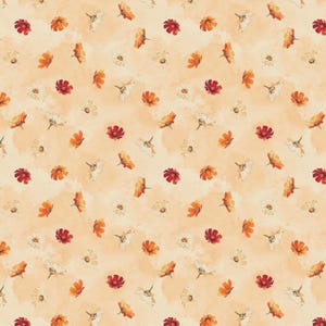 May include: A repeating pattern of watercolour flowers in shades of red, orange, and white, scattered across a light peach-coloured background. The floral design has a soft, artistic aesthetic, suitable for fabric or wallpaper.