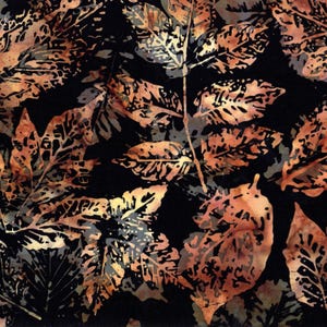 May include: A fabric featuring a repeating pattern of detailed leaves in shades of copper, bronze, and dark brown set against a solid black background. The leaf designs exhibit intricate veining and textured, mottled color variations throughout.