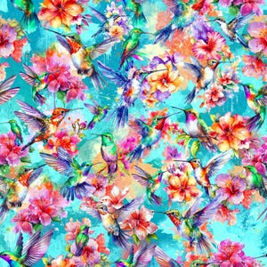 May include: A vibrant, watercolor-style pattern featuring numerous hummingbirds in flight amidst colorful flowers. The birds display a spectrum of colors, including green, red, blue, and orange, set against a turquoise background. The flowers are in shades of pink, orange, and yellow.