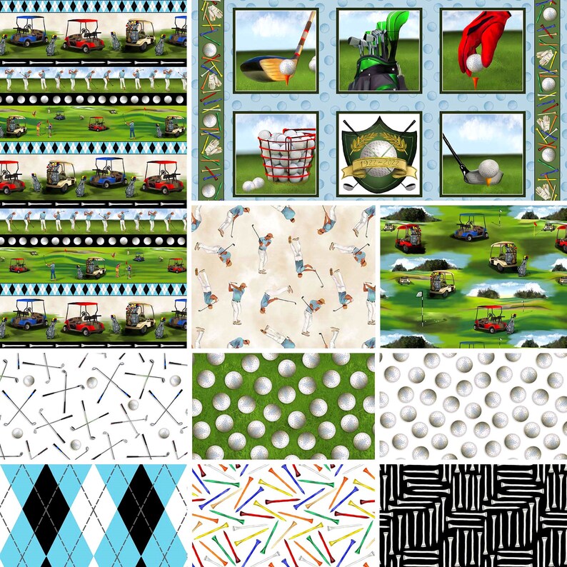 Red Golf Pattern Blank Quilting Front Nine Golf Balls White Cotton Fabric by the Yard or ...