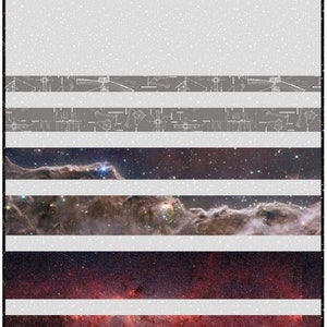 May include: A quilt pattern featuring a repeating design of a space telescope with the text "The Hidden Universe by RJR Studio + Power Up Quilt Pattern by Art East Quilting Co. - Red/Gray".