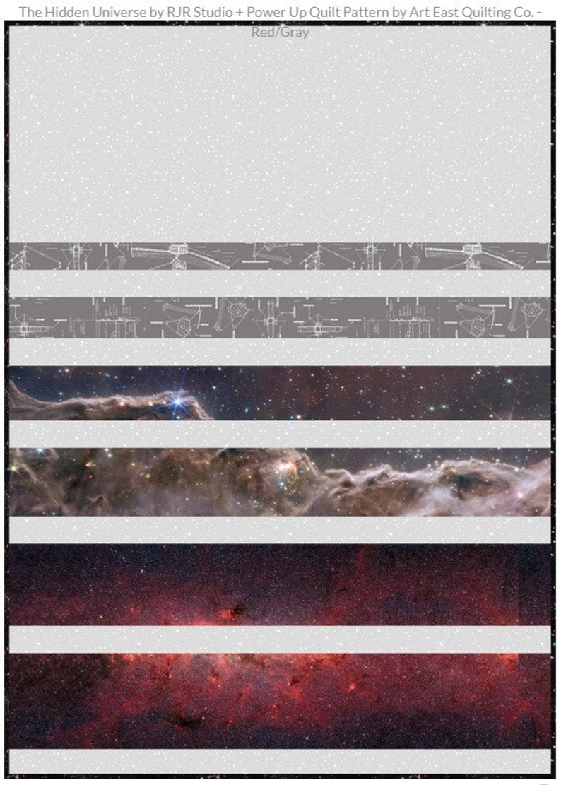 May include: A quilt pattern featuring a repeating design of a space telescope with the text "The Hidden Universe by RJR Studio + Power Up Quilt Pattern by Art East Quilting Co. - Red/Gray".
