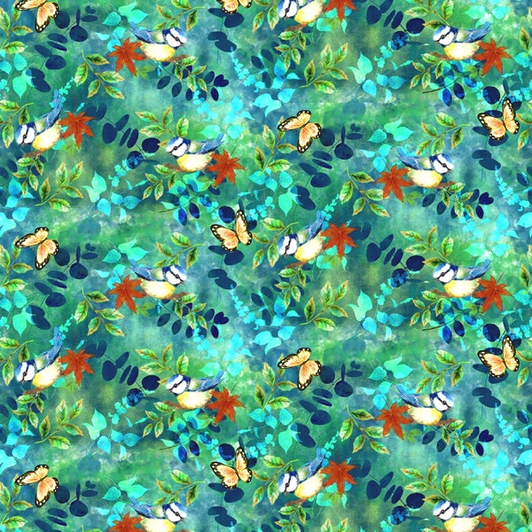 Studio E~Auburn Fox~Bird Toss Allover~Teal~Cotton Fabric by the Yard or Select Length 62263S-76