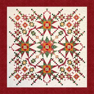 May include: A white quilt with a red border features a repeating pattern of green, red, and yellow stars. The quilt is made with a variety of fabrics and textures.