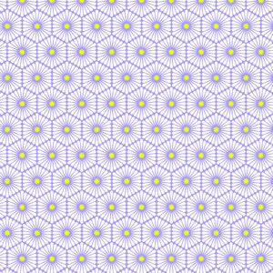 May include: A repeating pattern of white daisy-like flowers with yellow centres, arranged in a hexagonal grid on a light purple background. The design is symmetrical, creating a floral motif.