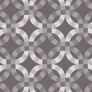 May include: A seamless pattern featuring interlocking circles in shades of gray and white on a dark gray background.