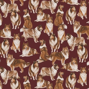 Timeless Treasures~Dogs~Realistic Collies~Maroon~Cotton Fabric by the Yard or Select Length C1031-MAROON