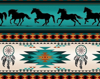 Elizabeths Studio Tucson Western Horse Stripe Turquoise Cotton Fabric by the Yard or Select Length 497E-TURQ