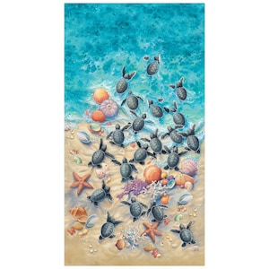 Elizabeths Studio~Race to Safety~24&quot; x 43.5&quot; Beach Turtle Panel~Multi~Cotton Fabric by the Panel 1608E-MULTI