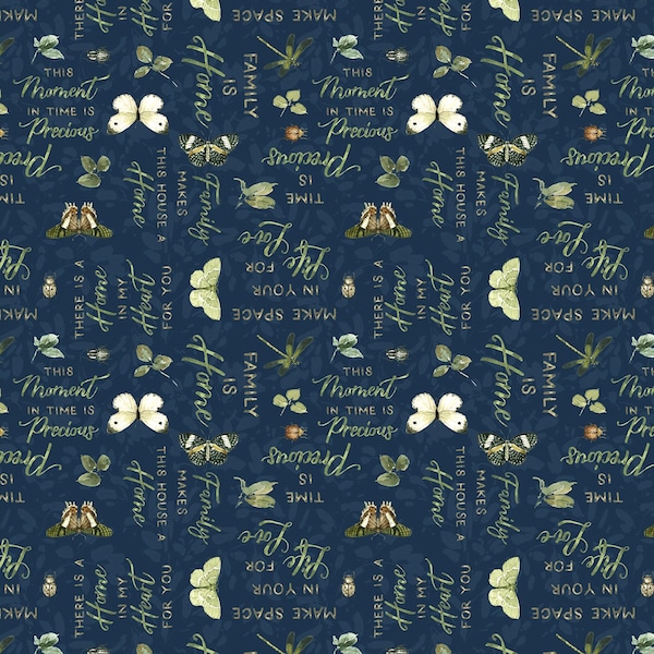 Wilmington Prints~Green Fields~Words~Dark Blue~Cotton Fabric by the Yard or Select Length 17805-472