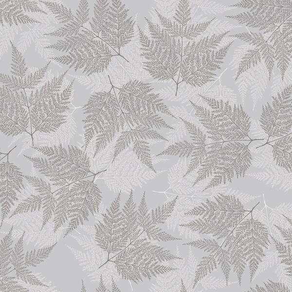 Hoffman~Sparkle and Fade 2022~Ferns w/ Metallic Silver~Light Gray~Cotton Fabric by the Yard or Select Length U4998-674S