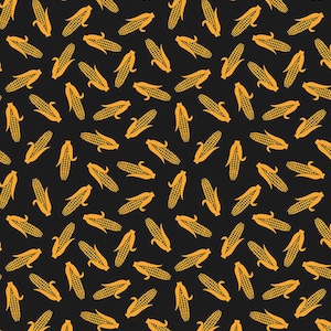 May include: A repeating pattern of yellow corn on the cob illustrations against a black background. The corn is depicted with detailed husks and kernels, creating a textured effect. The design is evenly distributed across the surface.