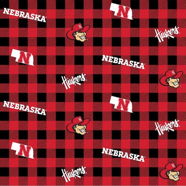 Sykel Enterprises~College Cottons~Nebraska Cornhuskers Buffalo Plaid~Red~Cotton Fabric by the Yard or Select Length NE-1207