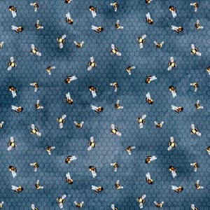 May include: A repeating pattern of yellow and black bees with white wings scattered across a blue honeycomb background. The bees are in various positions, some with wings spread, others in flight.