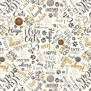 May include: A white background with a repeating pattern of black and gold text and paw prints. The text includes phrases like "I love cats", "Cats rule", "Furry", "Home is where your cat is", and "Cuddle cats".