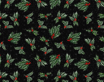 May include: A seamless pattern featuring green holly leaves with red berries on a black background. The pattern is ideal for festive crafts and decorations.