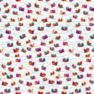 May include: A white background with a repeating pattern of colorful snails. The snails are all different colors and have a variety of patterns. The snails are all moving in the same direction, and they are all on a white background.