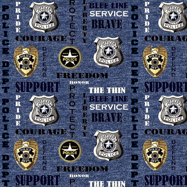 Sykel Enterprises~Military Police Fire Prints~Police Dept Badges~Denim~Cotton Fabric by the Yard or Select Length 1181DENIM