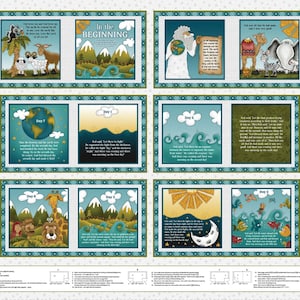 Puede incluir: Un panel de tela con seis escenas ilustradas de la historia de la creación. Cada escena está enmarcada con un borde turquesa y representa animales, paisajes y texto. Las palabras "In the Beginning" son visibles.