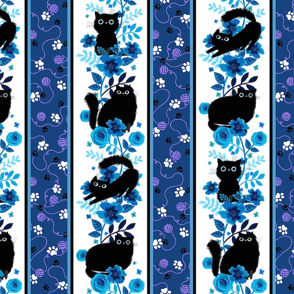 Studio E~Meow~Black Cat Repeating Border Stripe~Ink/Hyacinth~Cotton Fabric by the Yard or Select Length 6977-75