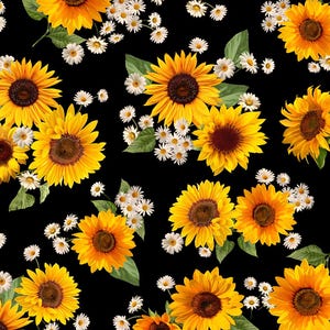 EOB~s Treasures~Advice from a Sunflower~Sunflower & Daisy Bouquets~Digital~Black~Cotton Fabric by the Yard or Select Length CD2924-BLACK
