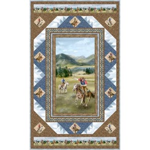 May include: A rectangular fabric panel featuring a central scene of a cowboy on horseback roping in a field with mountains in the background. The border is decorated with brown scrollwork, blue geometric patterns, and small diamond-shaped vignettes.