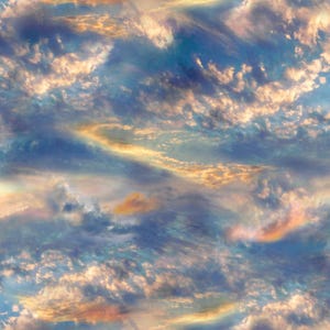 Puede incluir: Un patrón sin costuras que presenta un cielo nublado. La imagen muestra una mezcla de azules, naranjas y amarillos, creando una composición dinámica y aireada. Las nubes tienen una apariencia suave y texturizada, sugiriendo una escena serena y natural.