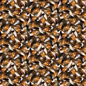 May include: A seamless pattern featuring a variety of brown, black, and white feathers. The feathers are arranged in a random pattern, creating a natural and organic look.