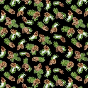 Wilmington Prints~Cardinal Cozy~Pinecone Toss~Black~Cotton Fabric by the Yard or Select Length 33893-972