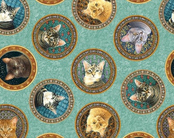 Blank Quilting~Sophisti-Cats~Cat Portraits~Teal~Cotton Fabric by the Yard or Select Length 2973-67