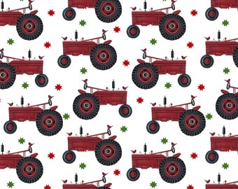 Benartex~Winter at the Farm~Tractor Joy~White~Cotton Fabric by the Yard or Select Length 13456-09