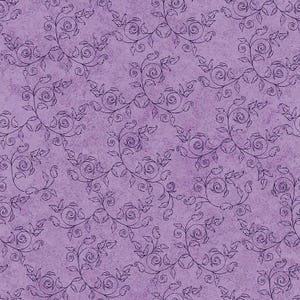 May include: A seamless pattern featuring a textured lavender background with a repeating design of dark purple floral vines. The vines include stylized roses and leaves, creating a delicate, ornamental aesthetic.