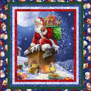 May include: Santa Claus is climbing down a chimney with a sack full of toys. He is wearing a red suit with white trim and a white beard. The chimney is brick and has a fire in it. There are presents and a teddy bear on the roof.
